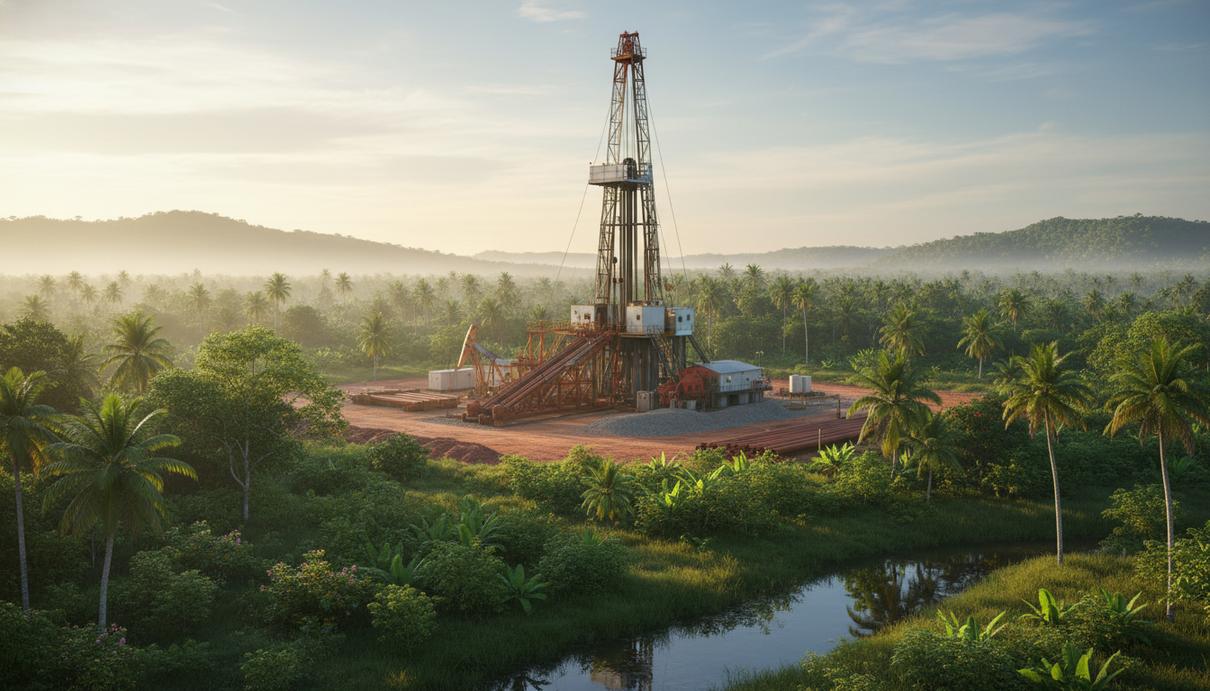 Буровая установка на газовом месторождении Сан-Жуан в тропическом пейзаже бассейна Баррейриньяс, Бразилия. Видны элементы бурового оборудования и густая растительность.