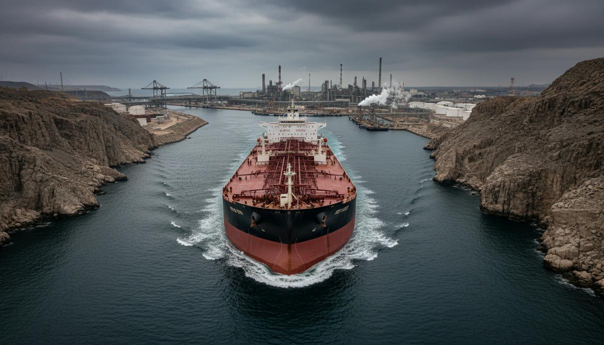Нефтяной танкер движется по узкому морскому проливу между скалистыми берегами. На горизонте видны строения нефтеперерабатывающего завода и портовой инфраструктуры.