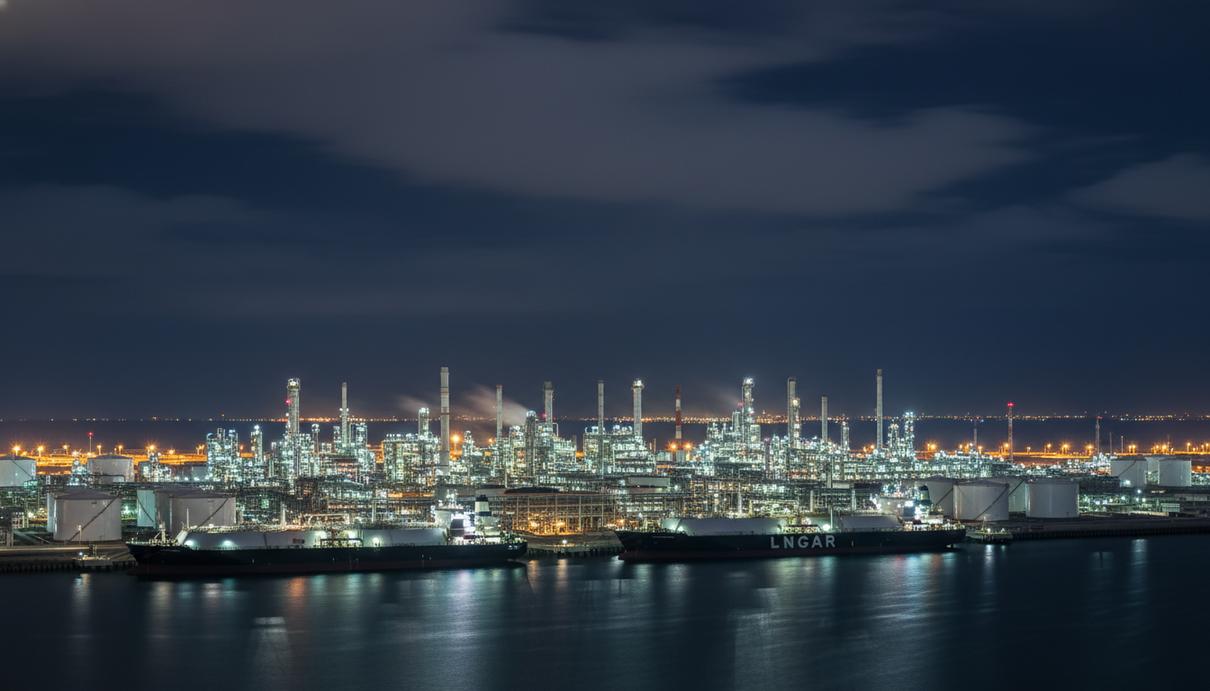 Ночной вид на крупный завод по производству и экспорту сжиженного природного газа в Рас-Лаффане, Катар, с освещенными резервуарами и трубопроводами.