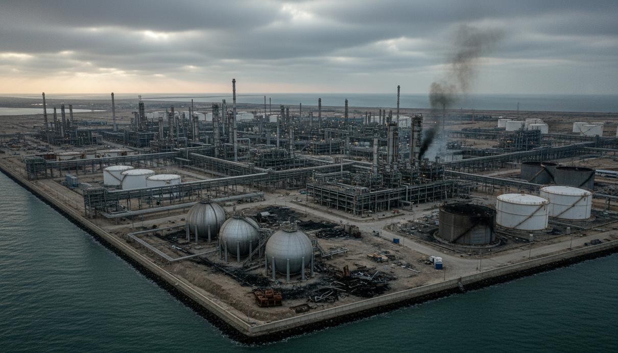 Вид на крупный нефтеперерабатывающий завод Рас-Танура на побережье Персидского залива с лёгкими следами дыма над одним из участков, на земле заметны обломки.