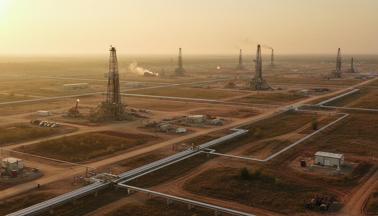 Индустриальный ландшафт сланцевого газового месторождения Хейнсвилл с буровыми установками и разветвленной сетью газопроводов на закате.