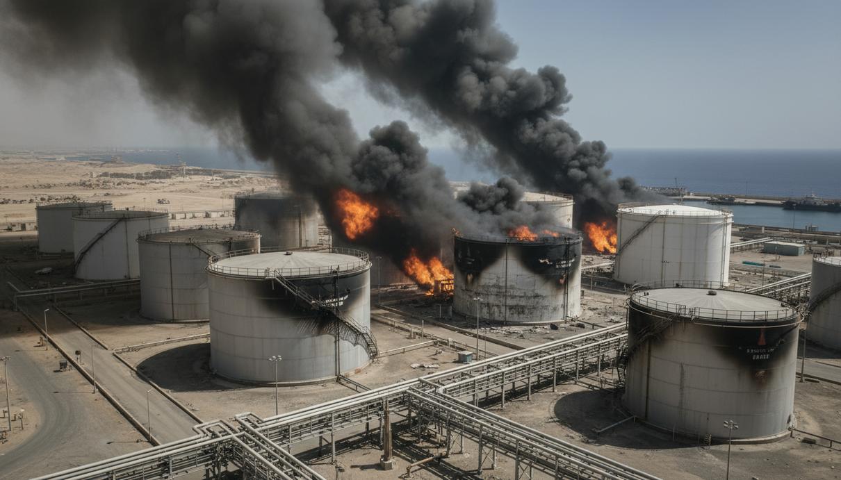 Поврежденные огнем нефтяные резервуары и промышленная инфраструктура порта Фуджейра, ОАЭ. Густой дым над объектом.