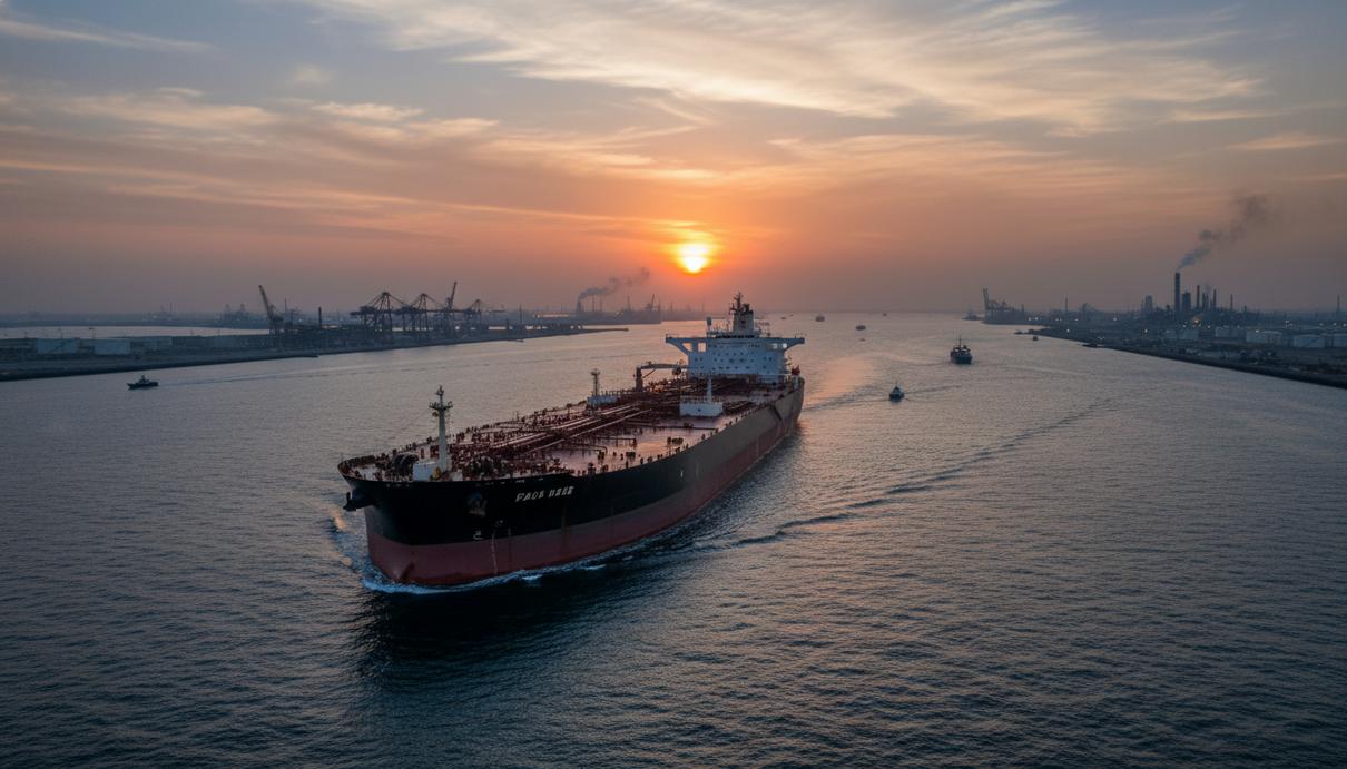 Крупный танкер проходит по Ормузскому проливу на закате. Стратегический водный путь, важный для мировой торговли нефтью и газом.