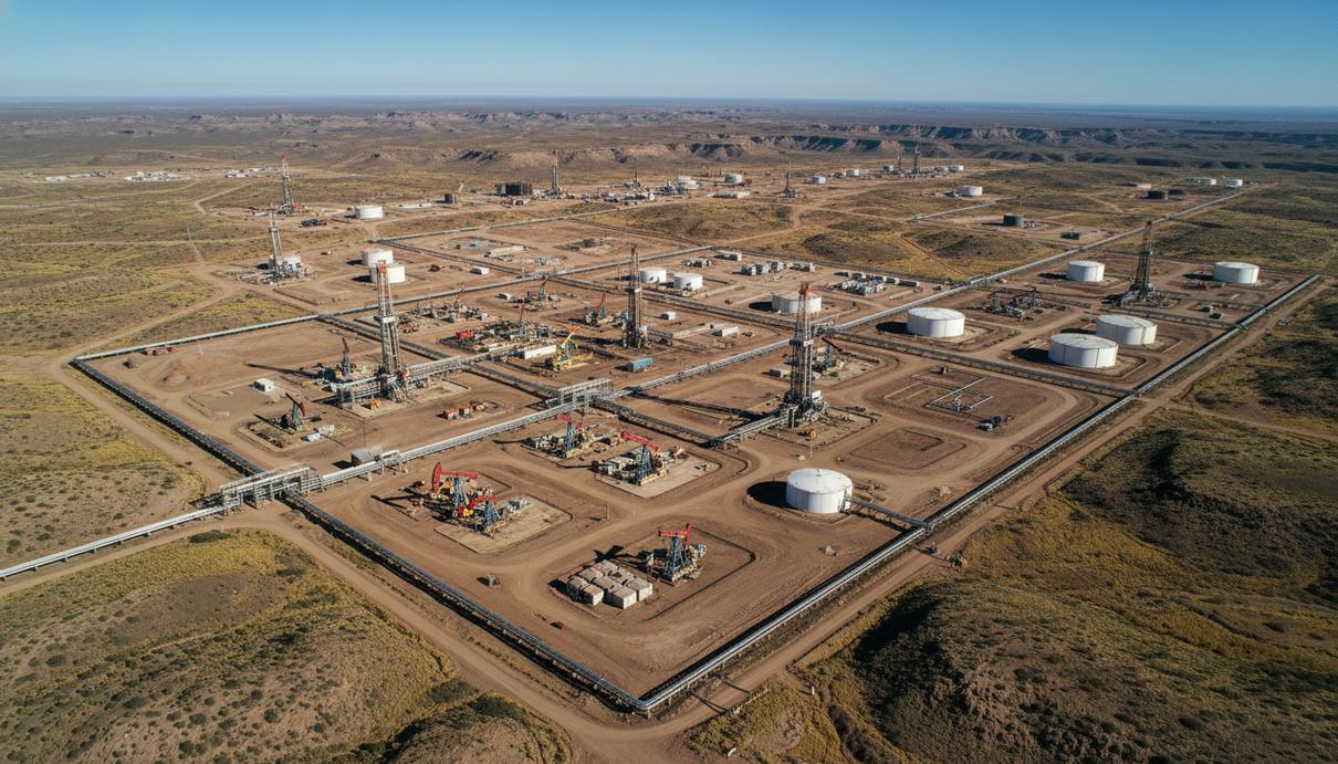 Аэрофотоснимок обширного сланцевого нефтяного месторождения Вака Муэрта с буровыми установками, трубопроводами и резервуарами в полузасушливом ландшафте Аргентины.