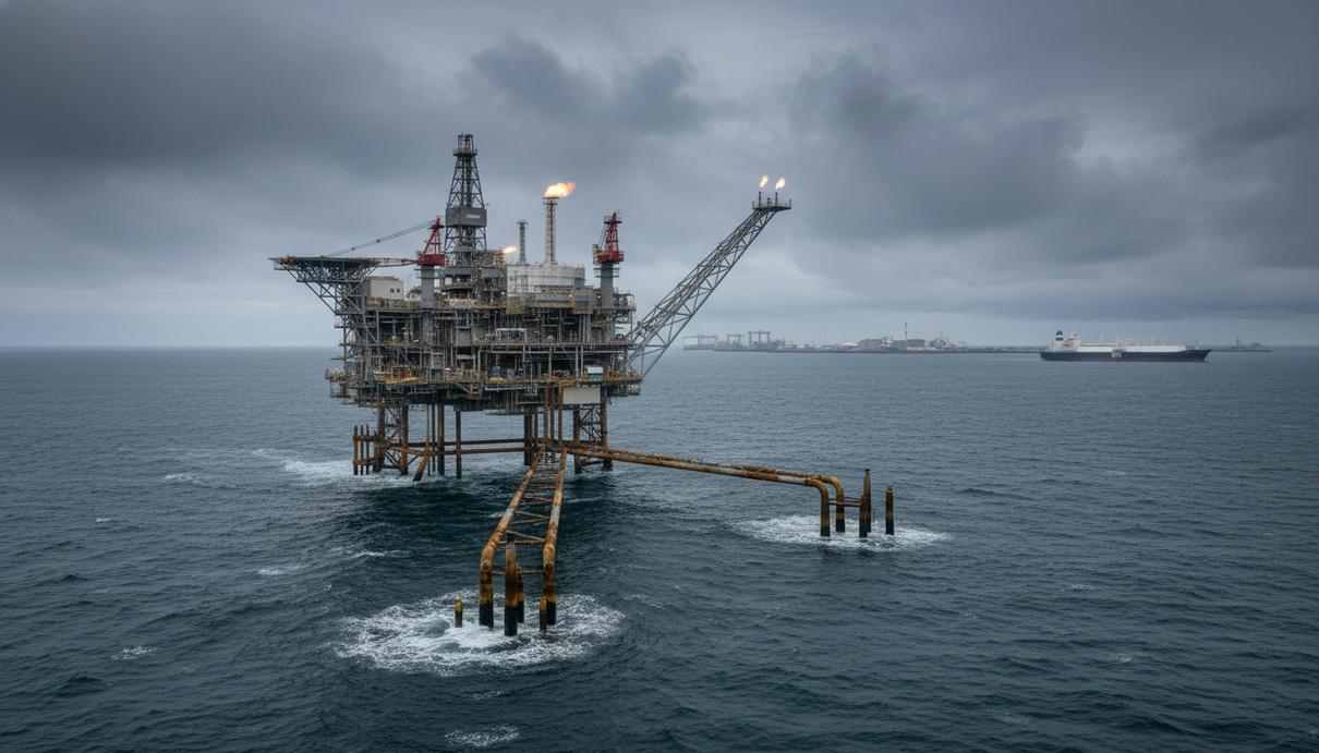 Панорама норвежской морской газовой платформы с трубопроводами в Северном море. На горизонте крупный танкер-газовоз и элементы промышленной инфраструктуры.