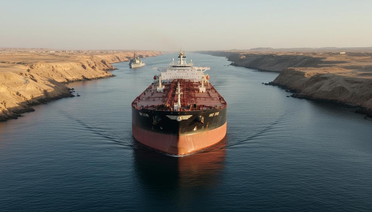 Нефтяной танкер проходит через узкий пролив. Вдалеке виден силуэт военного корабля. Каменистые берега залива под ясным небом.