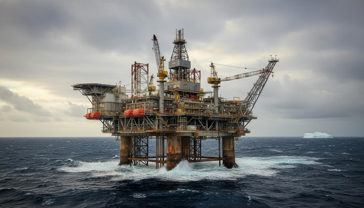 Оффшорная нефтяная платформа посреди неспокойного Атлантического океана в районе бассейна Флемиш Пасс.