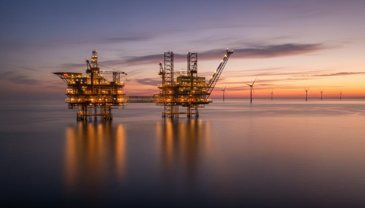 Освещенная платформа для добычи нефти и газа в Северном море на закате, на горизонте видны ветряные турбины.