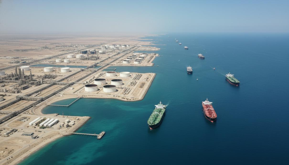 Аэрофотосъемка Ормузского пролива с крупными нефтяными танкерами на фоне побережья Персидского залива, видны нефтехранилища и промышленная инфраструктура порта.