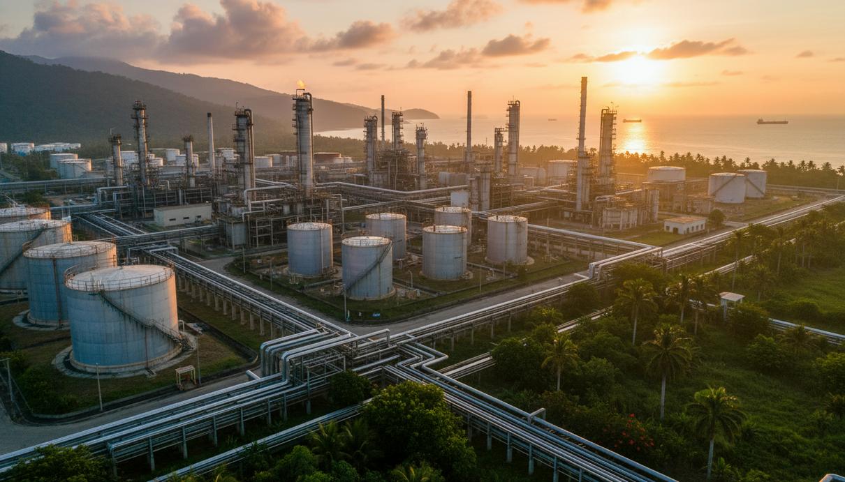 Крупный нефтеперерабатывающий комплекс с рядами хранилищ, трубами и промышленными сооружениями на побережье.
