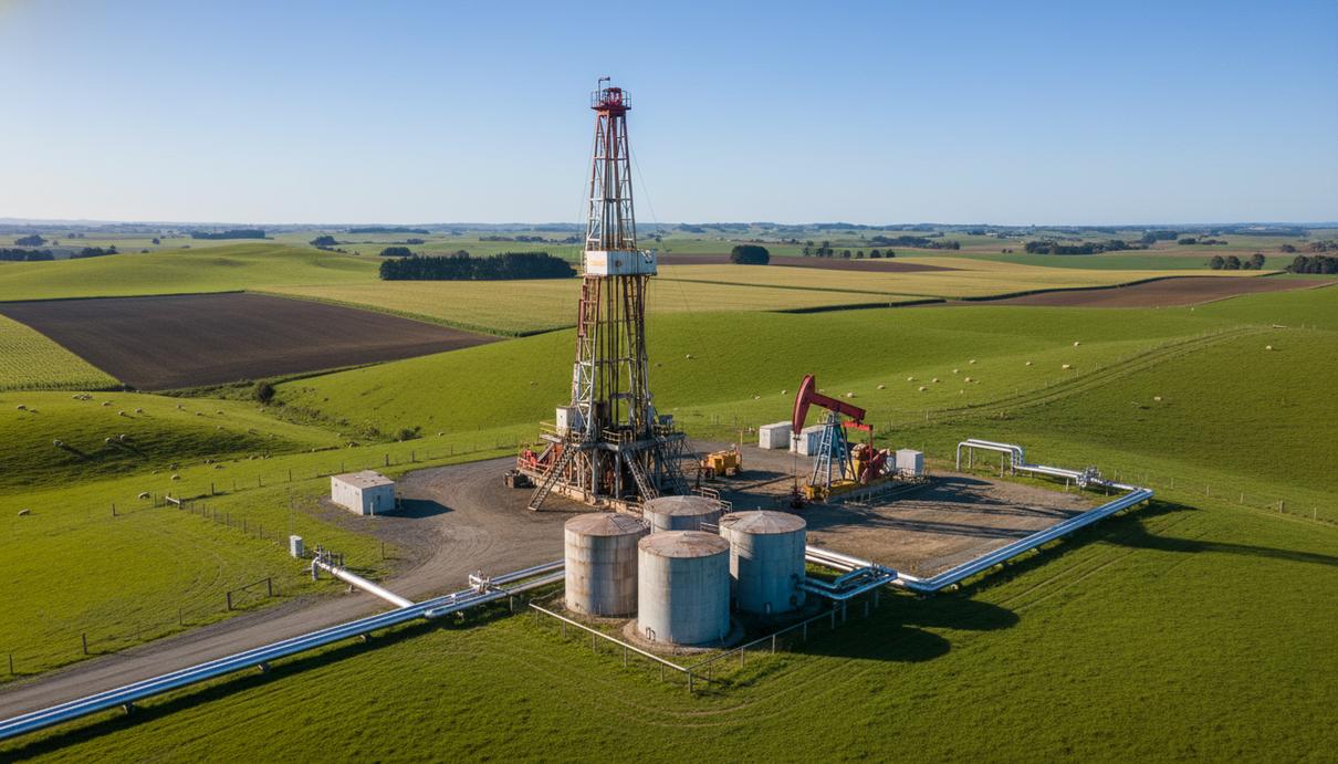 Нефтяная скважина с насосом-качалкой и резервуарами на фоне зеленых холмов в регионе Таранаки, Новая Зеландия.