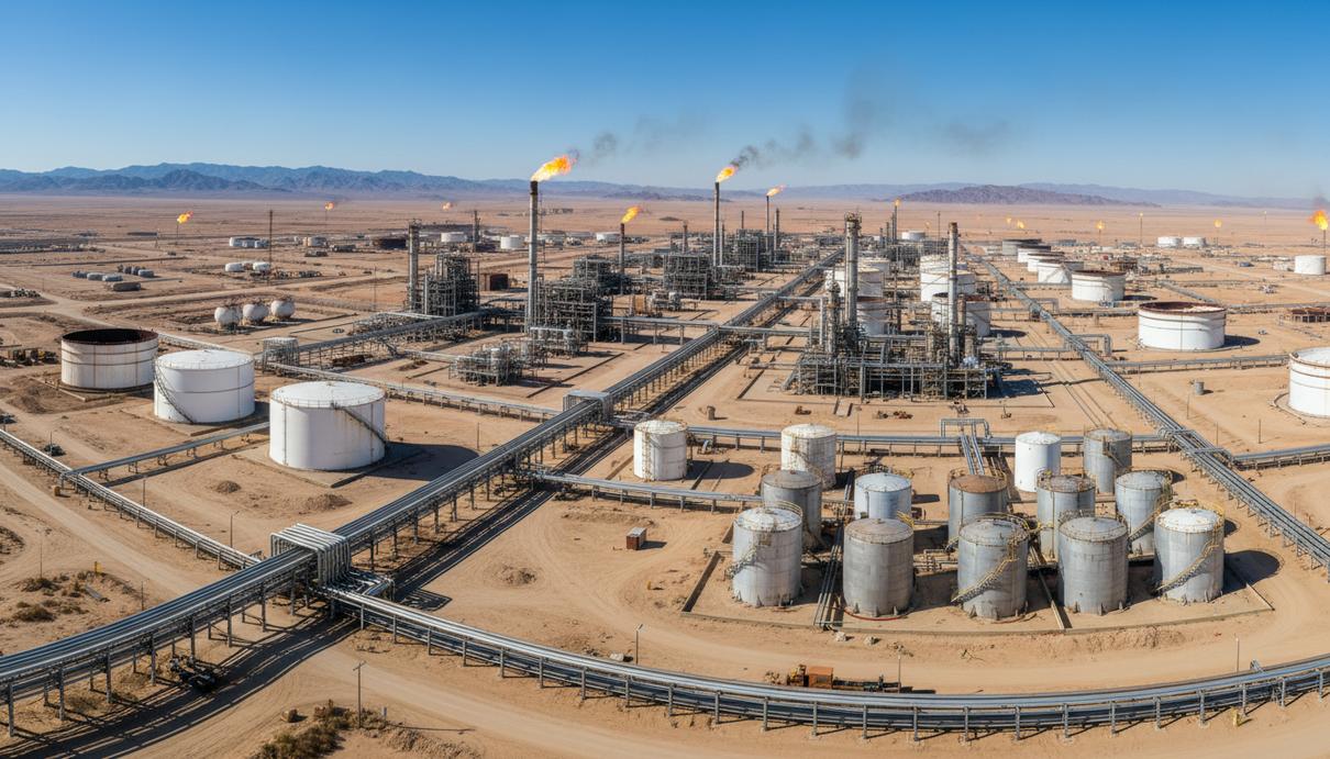 Панорамный вид на нефтяной комплекс Тенгиз в Казахстане с сетью трубопроводов, массивными резервуарами и производственными установками на фоне пустынного ландшафта.