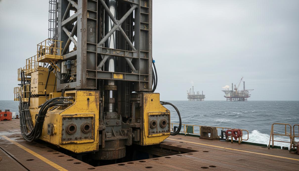 Массивный гидравлический молот MHU4400S на палубе морской платформы или специализированного судна, используемый для забивки свай и установки фундаментов в открытом море. Стальные конструкции оборудования на фоне морского пейзажа.