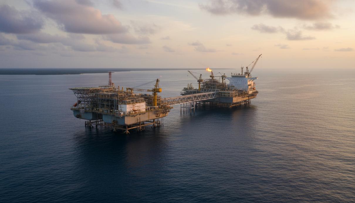 Плавучая платформа по добыче, хранению и отгрузке нефти (FPSO) в открытом океане у берегов Нигерии. Видны промышленные конструкции и оборудование платформы на фоне морского горизонта.