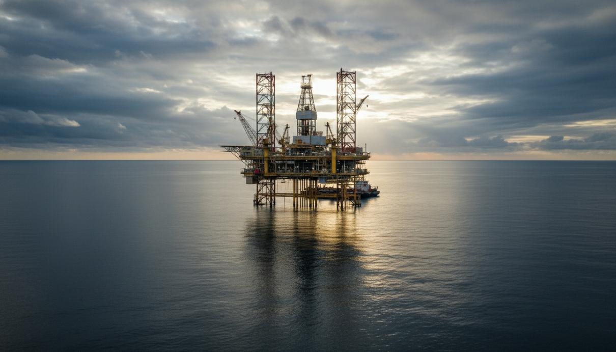 Морская нефтедобывающая платформа в океане под пасмурным небом. Видны детали буровых вышек, трубопроводов и промышленных конструкций на фоне водной глади.