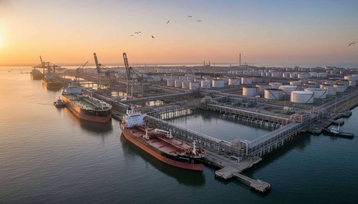 Морской нефтяной терминал с танкерами у причалов. Множество резервуаров для хранения нефти, промышленные краны и трубопроводы на фоне.