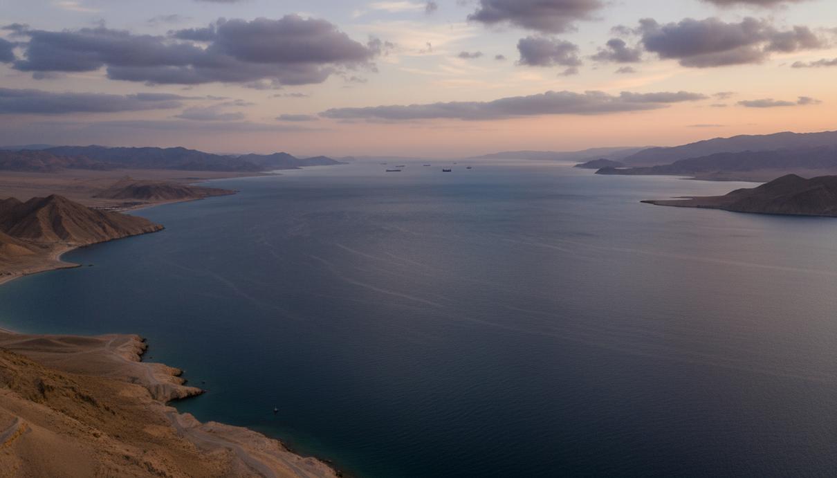 Панорама Ормузского пролива с пустынным водным пространством и редкими, отдаленными танкерами на горизонте. Берега скалистые, суровые.