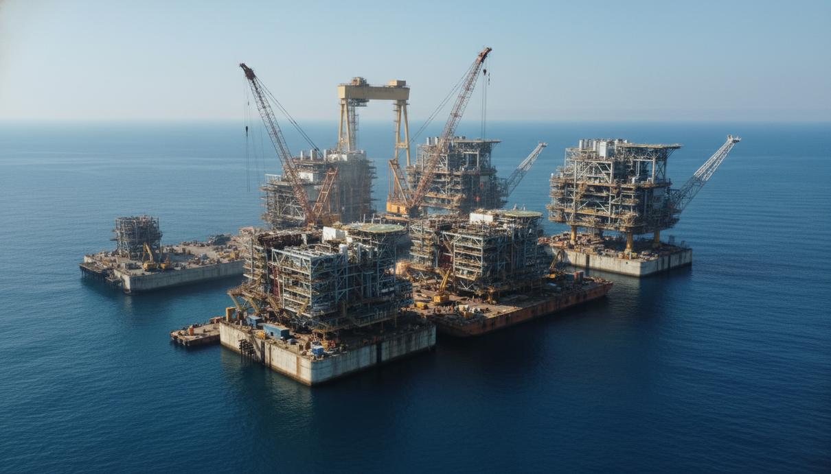 Морская газовая платформа и стальные технологические модули на территории судостроительного завода