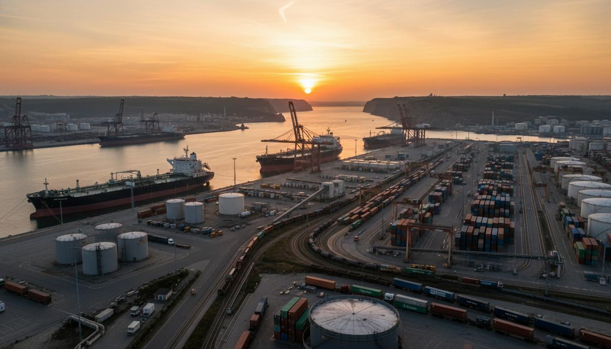 Нефтяные танкеры на рейде в морском заливе на фоне береговых терминалов в сумерках