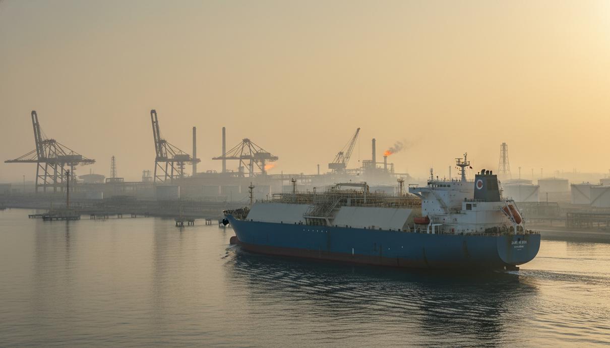 Крупный танкер для перевозки сжиженного природного газа отходит от причала промышленного терминала на фоне газовых резервуаров.