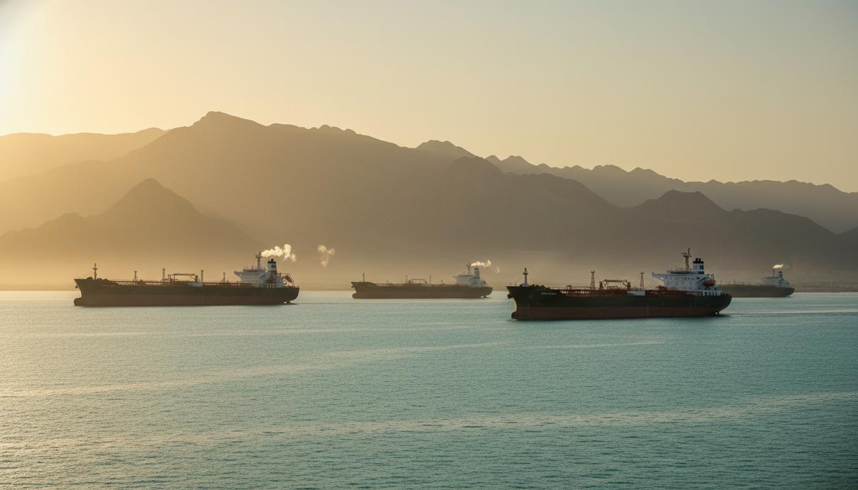 Морской пролив между пустынными горами с нефтяными танкерами на линии горизонта.