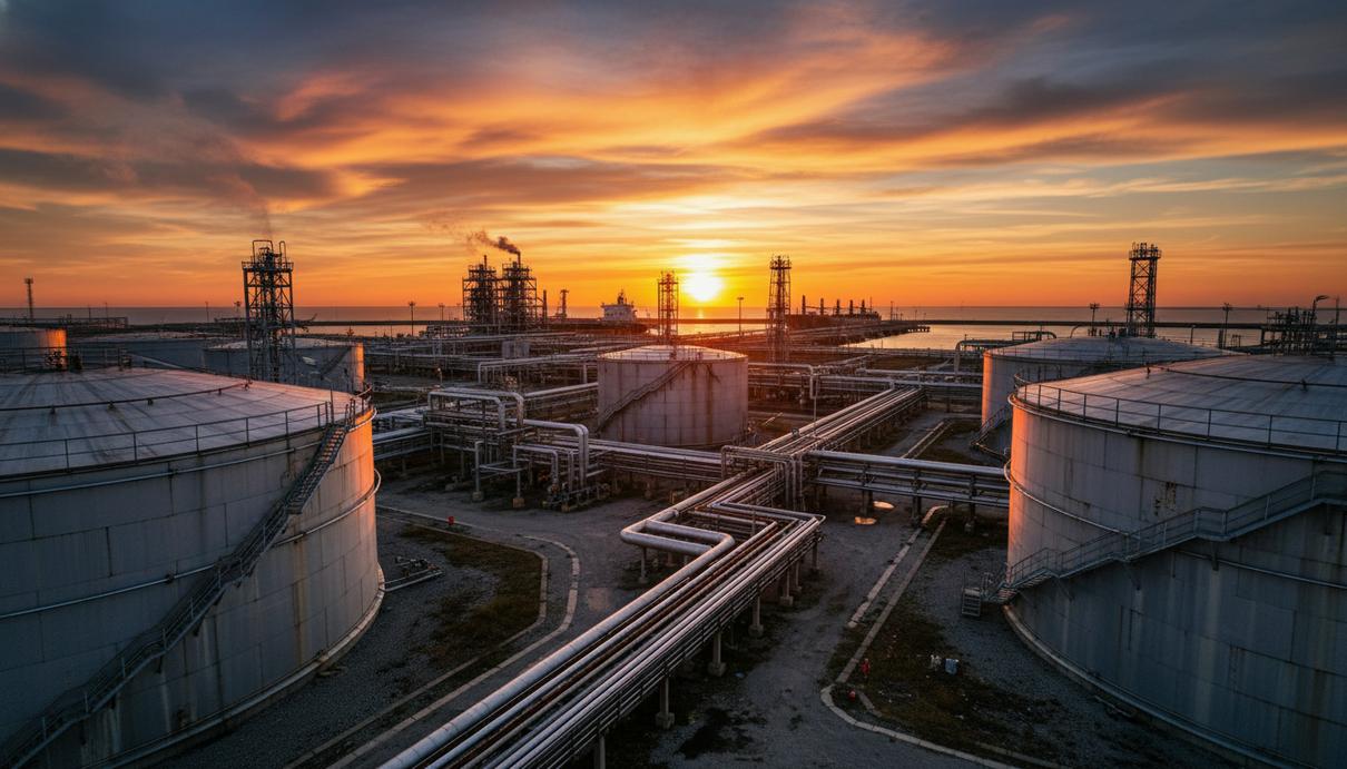 Промышленная зона нефтехранилища с крупными резервуарами и сетью трубопроводов в лучах заката.