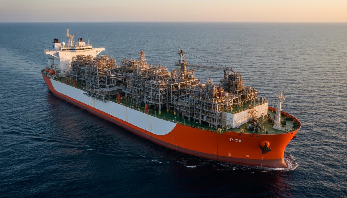 Плавучая нефтедобывающая платформа Petrobras на фоне спокойного океана в лучах заходящего солнца.