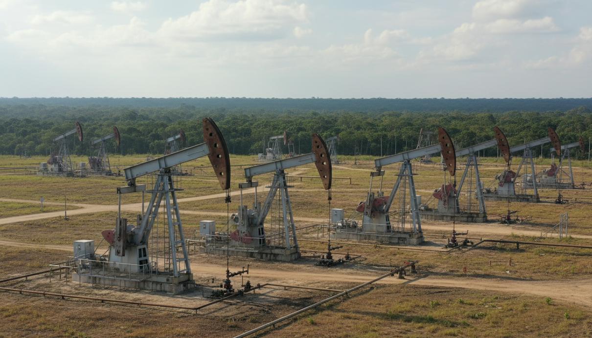 Работающее нефтедобывающее оборудование и насосы-качалки на открытой площадке в окружении джунглей