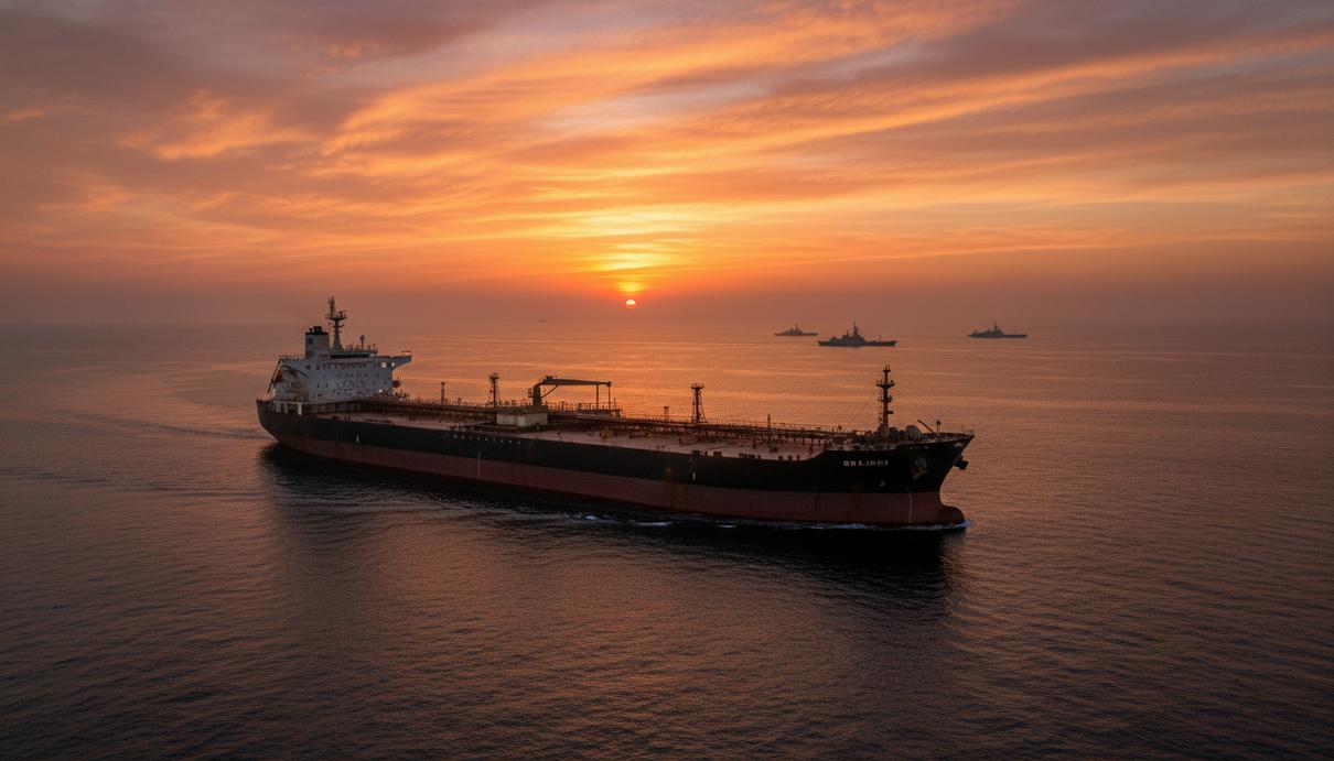 Нефтяной танкер в Ормузском проливе на фоне заката и силуэтов военных кораблей вдали.