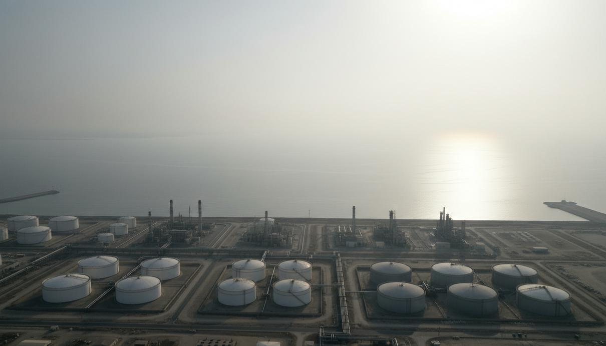 Вид сверху на пустой морской пролив и береговую линию с нефтяными терминалами