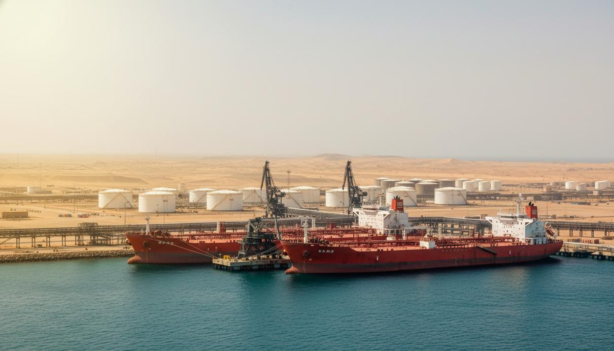 Нефтяные танкеры у причала промышленного порта на фоне резервуаров для хранения топлива