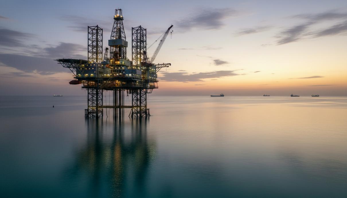 Морская самоподъемная буровая платформа в водах Персидского залива в вечернее время
