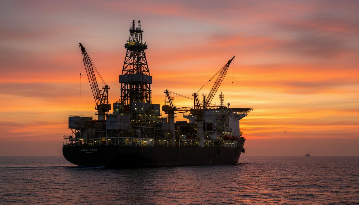 Буровое судно в открытом море Мексиканского залива в лучах заходящего солнца