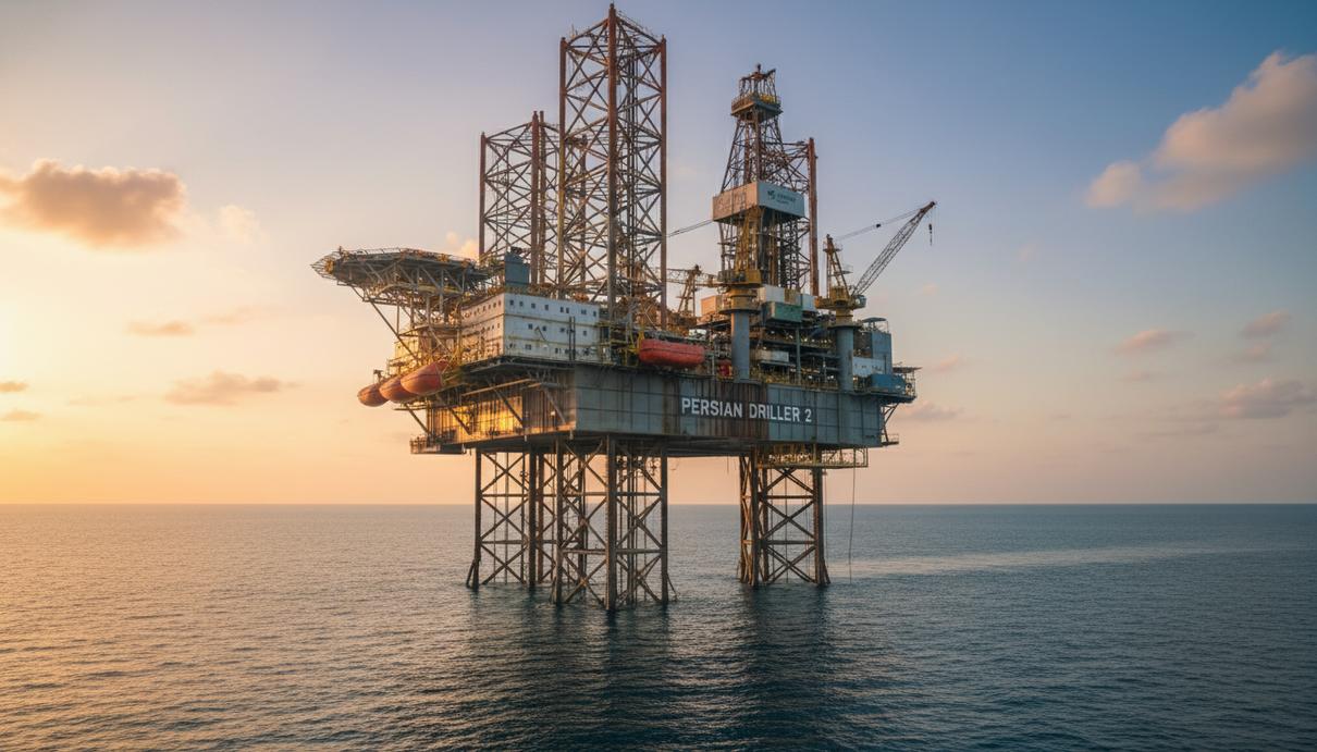 Самоподъемная нефтяная буровая установка в открытом море на фоне горизонта