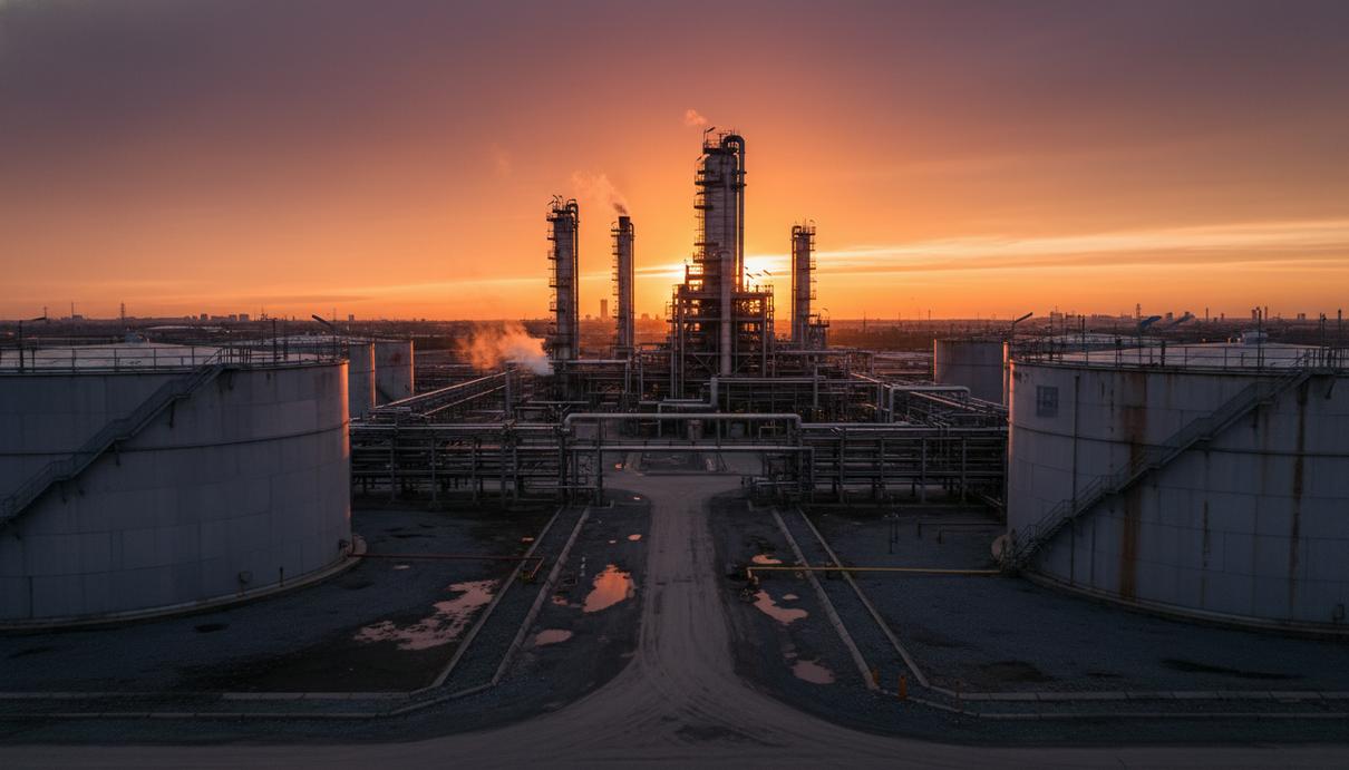 Промышленные резервуары для хранения нефти и сеть трубопроводов на фоне неба в лучах заката.