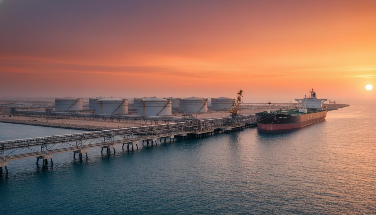 Нефтяной терминал на морском побережье с крупными резервуарами для хранения и пришвартованным танкером