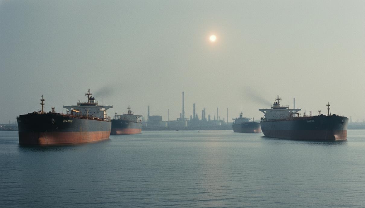 Нефтяные танкеры на стоянке в заливе на фоне силуэтов промышленной зоны в дымке
