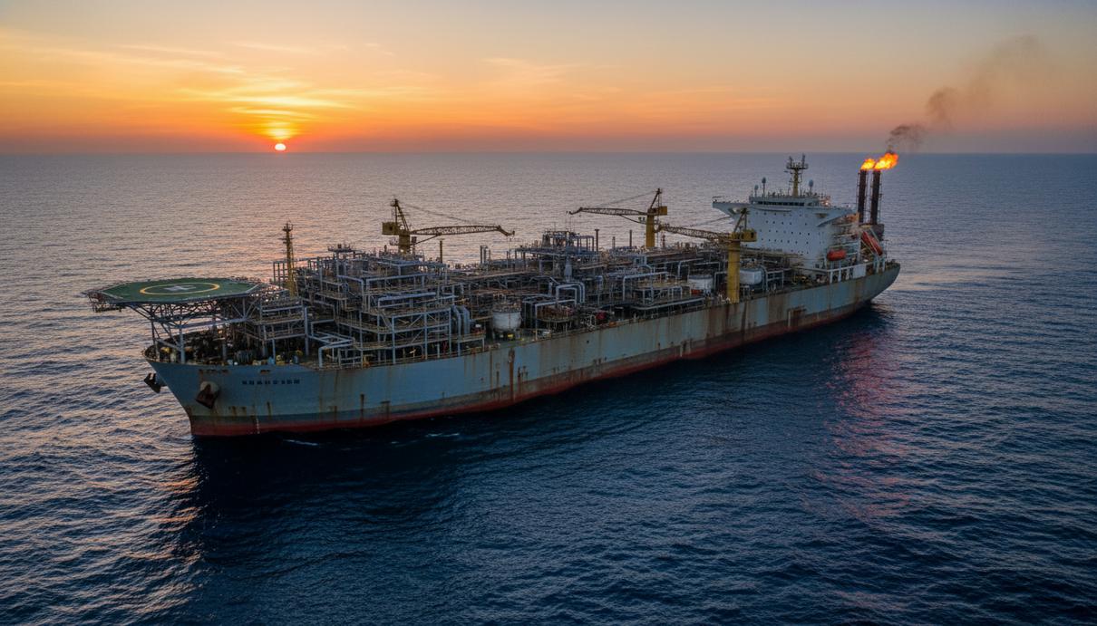 Крупное промышленное судно для добычи нефти в открытом море на фоне заката