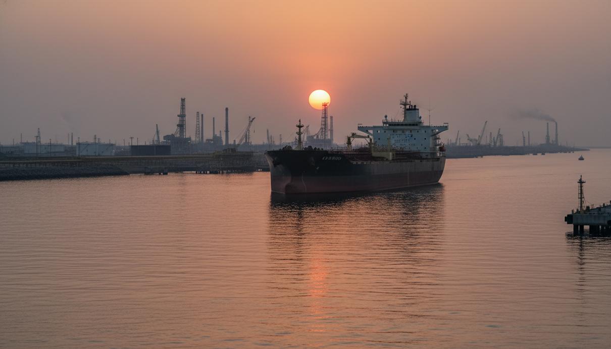 Крупный нефтяной танкер в Персидском заливе на фоне очертаний береговых терминалов в сумерках