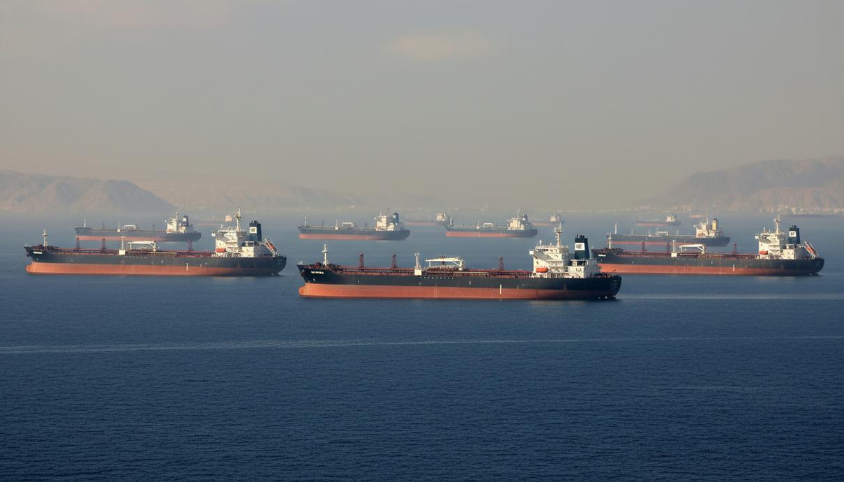 Группа крупных нефтяных танкеров на якоре в спокойном море на фоне туманного горизонта.