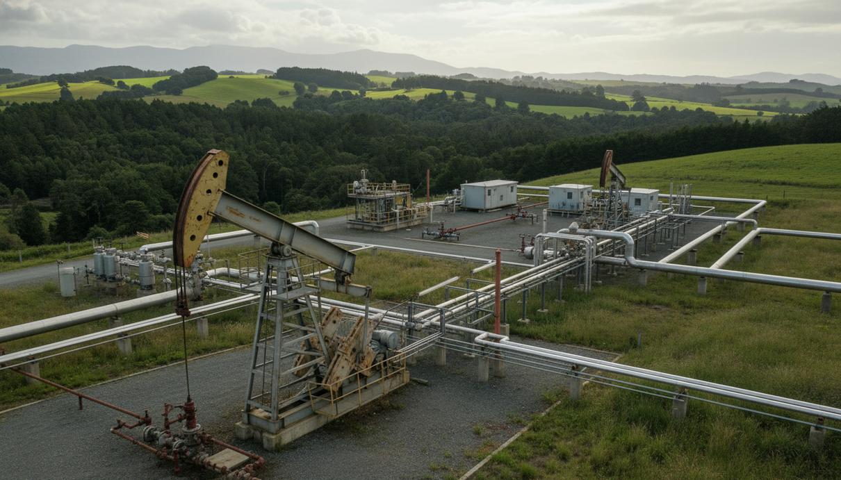 Нефтяная скважина и сеть трубопроводов на фоне зеленых холмов в бассейне Таранаки