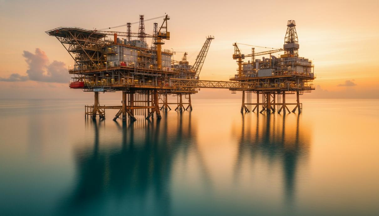 Буровая платформа на шельфе океана в лучах заходящего солнца