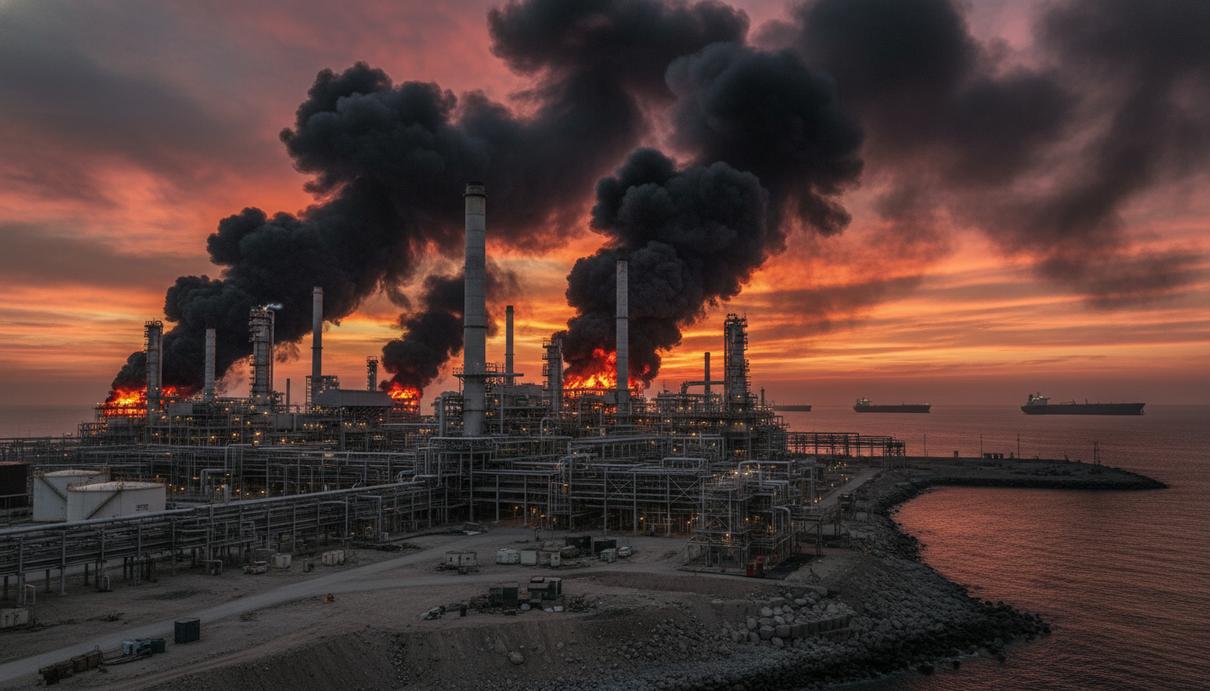 Панорама нефтеперерабатывающего завода с густым черным дымом на фоне заката и танкеры на горизонте