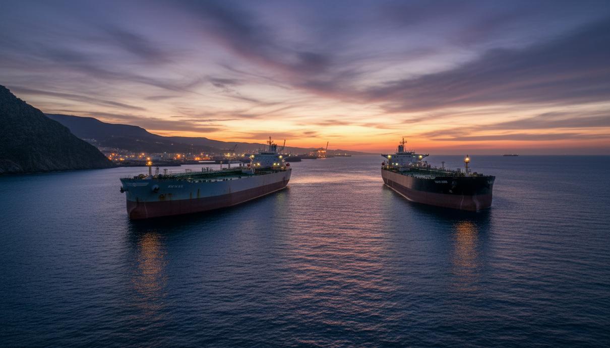 Нефтяные танкеры на стоянке в море вблизи береговой линии в сумерках