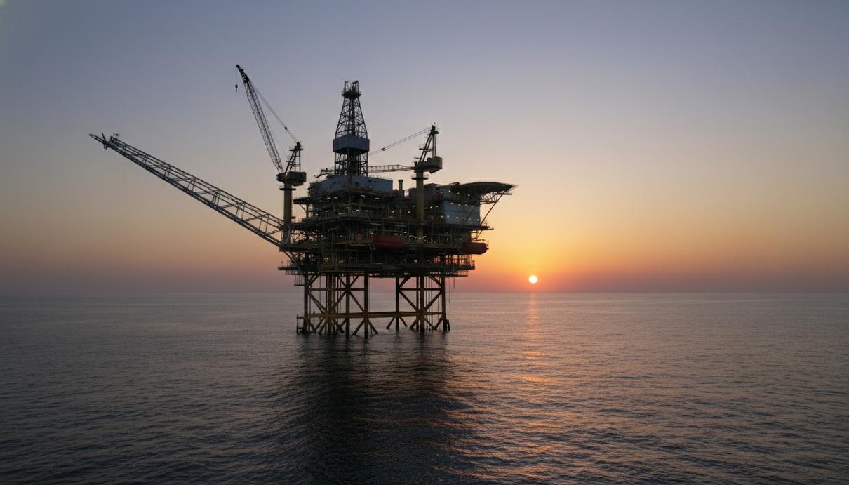 Нефтяная платформа в открытом море с промышленными кранами на фоне заката