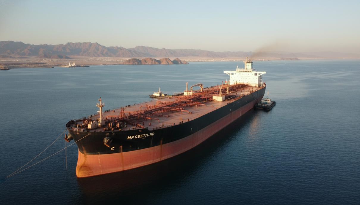 Грузовой нефтяной танкер в море на фоне засушливых гор и скалистого побережья