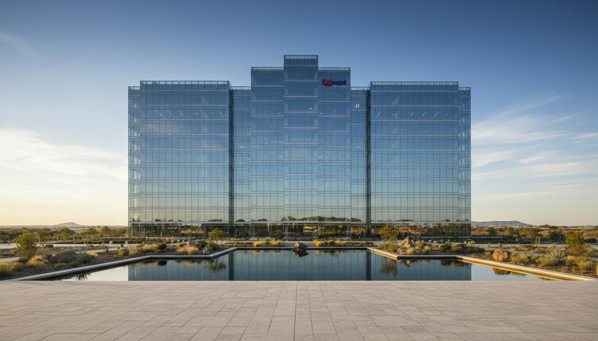 Стеклянный фасад современного офисного здания штаб-квартиры корпорации в Техасе при дневном освещении.