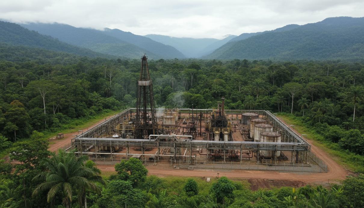 Промышленный объект по добыче нефти в окружении тропических лесов и гор Колумбии под облачным небом.