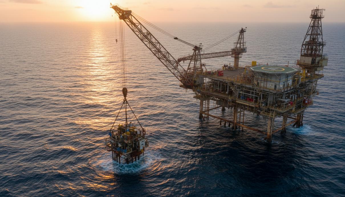 Промышленная морская платформа в океане и спуск глубоководного оборудования в воду на закате