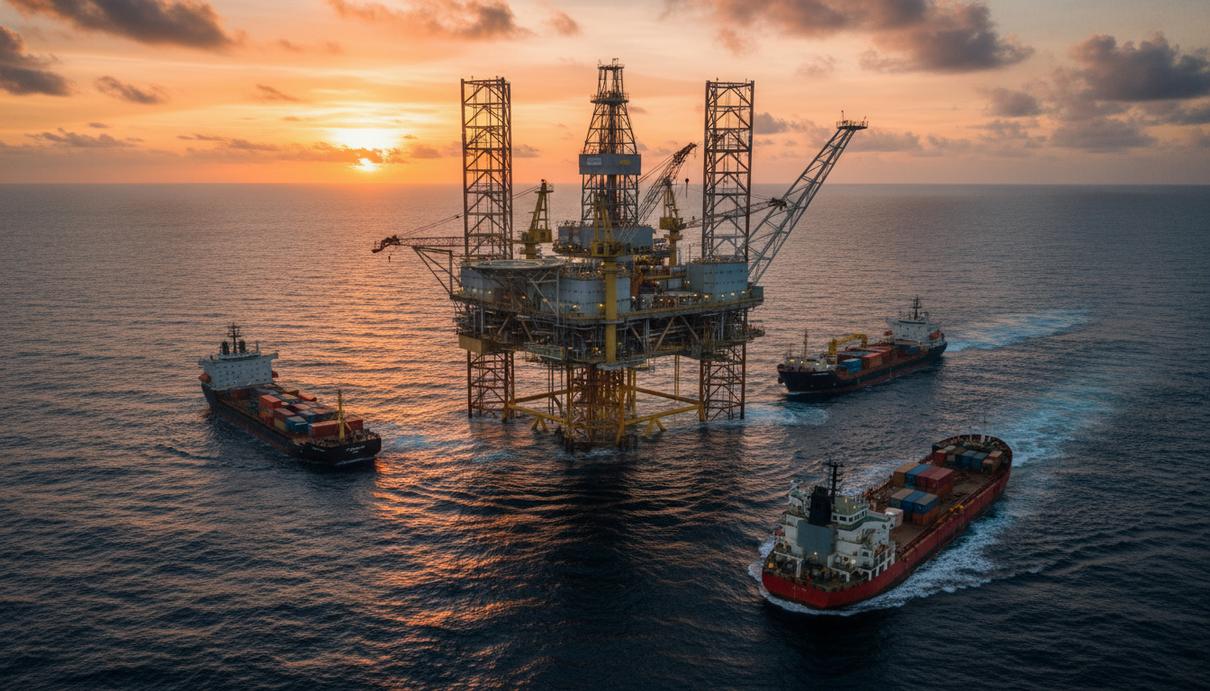 Нефтяная платформа в океане и вспомогательное судно на фоне закатного неба